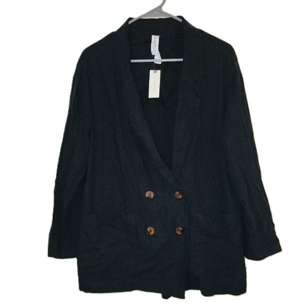 Anthropologie Amadi NWT Kayne Navy Blue Linen Rayon Blend Buttoned Blazer Medium